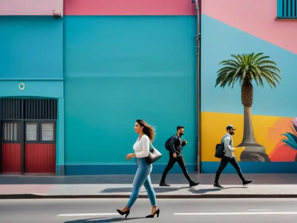 Fotografía de mural colorido en Montevideo, Uruguay, con artistas locales y espectadores captando la esencia del paisaje urbano