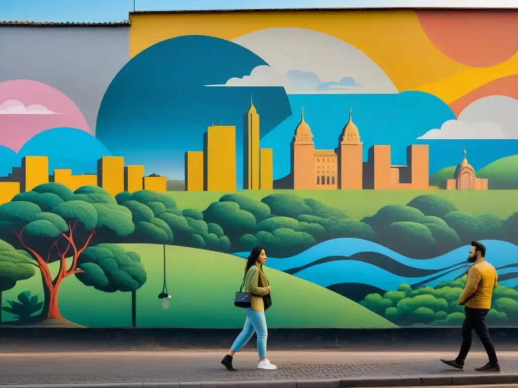 Un mural colorido en Uruguay muestra caos urbano y serenidad natural, reflejando la dualidad de la vida citadina y la tranquilidad de la naturaleza