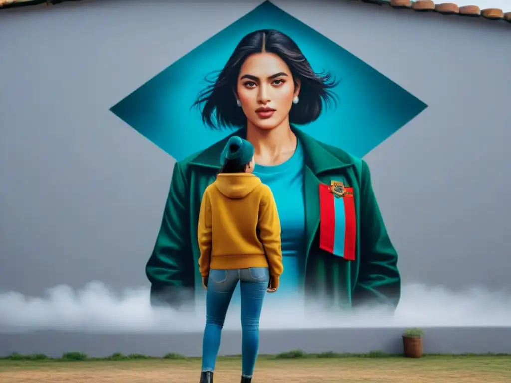 Un mural colorido en Canelones, Uruguay, que refleja la historia local con detalles intrincados y colores vibrantes