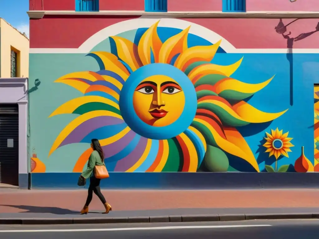 Un mural colorido en Montevideo, Uruguay, con motivos de la cultura uruguaya