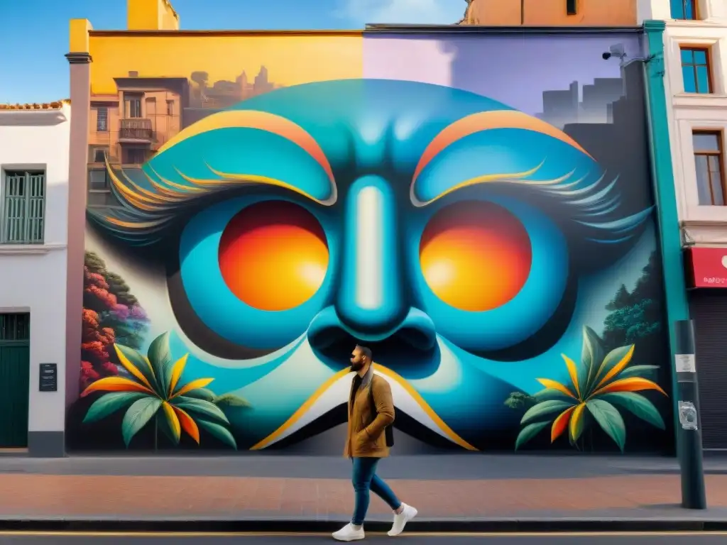 Murales de Montevideo: expresión cultural vibrante Un mural detallado en Montevideo muestra la diversidad cultural y expresión artística de la ciudad
