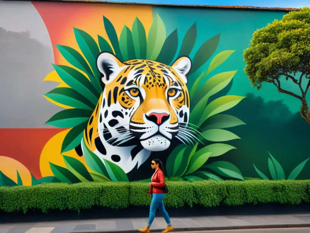 Un mural detallado de un jaguar majestuoso en una pared de Uruguay