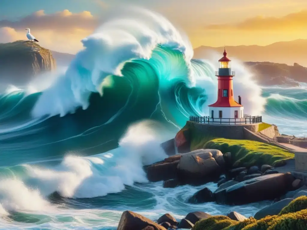 Un mural dinámico en Punta del Este, Uruguay, con olas de colores chocando en la costa rocosa, gaviotas y un faro al fondo