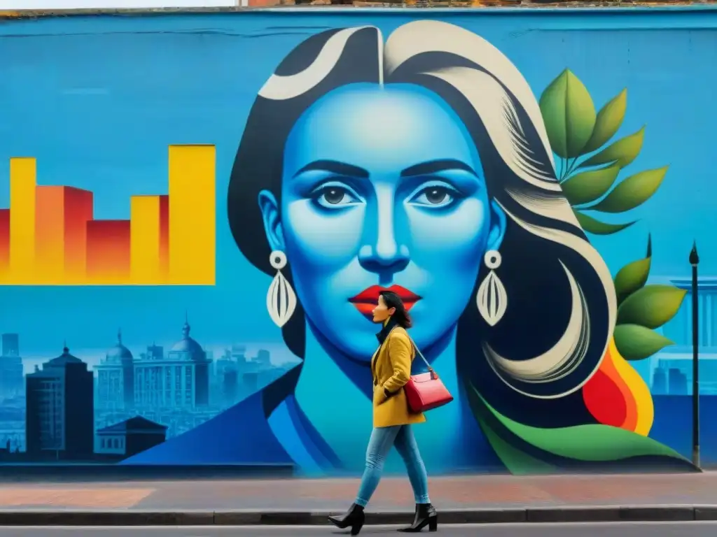 Fotografía de un mural emblemático en Montevideo con colores vibrantes y detalles intrincados que destacan la escena cultural