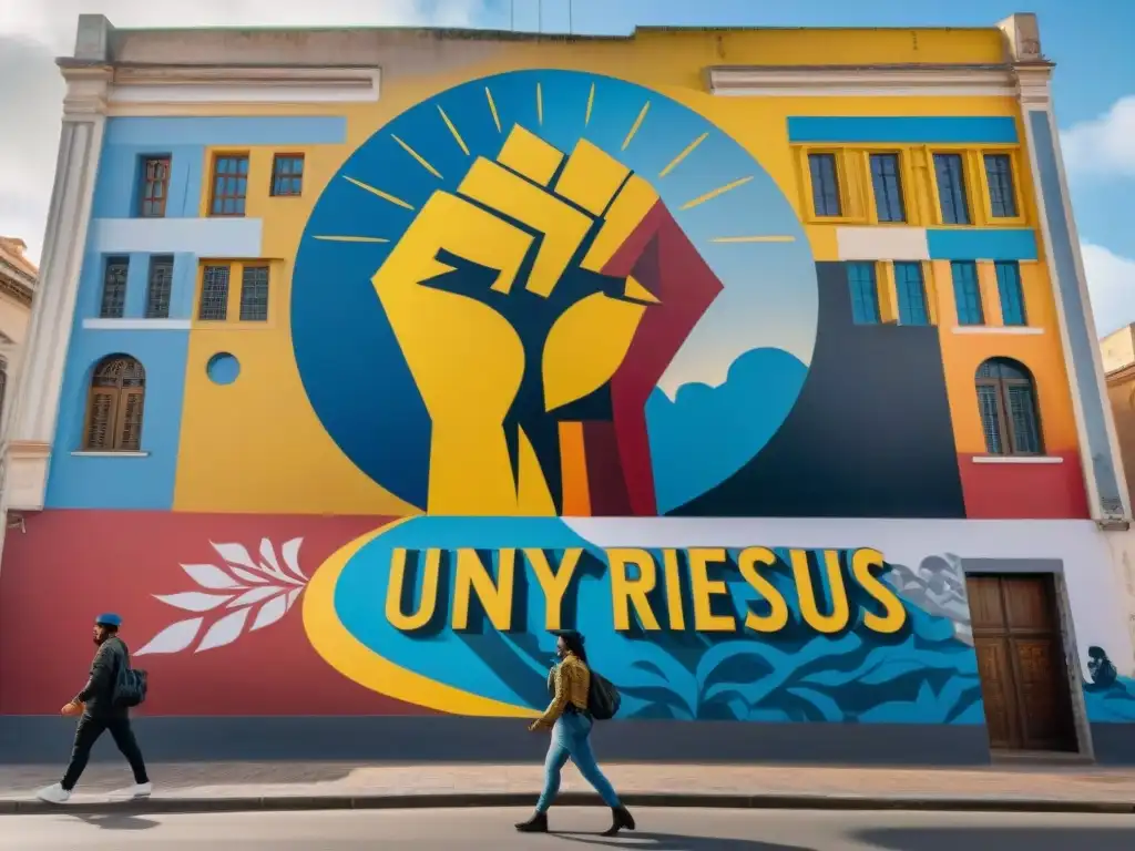 Mural impactante de protesta en Uruguay: unidad y determinación Un mural impactante en Uruguay con manifestantes apasionados y murales coloridos como forma de protesta