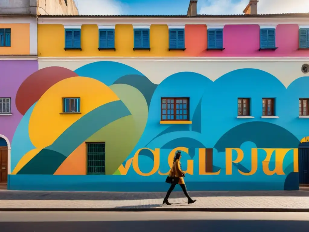 Un mural urbano en Montevideo que fusiona folklore uruguayo y elementos urbanos, destacando colores vibrantes y detalles intrincados