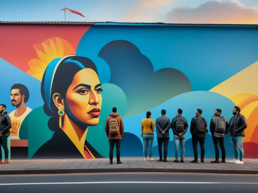 Un mural urbano vibrante y detallado en Uruguay con escenas de cambios sociales, colores audaces y simbolismo