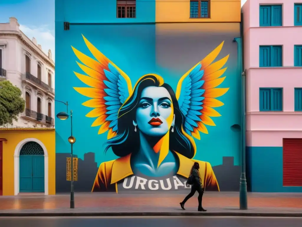 Un mural urbano vibrante en Montevideo, Uruguay, muestra un icono alado y colorido que simboliza la libertad y la creatividad