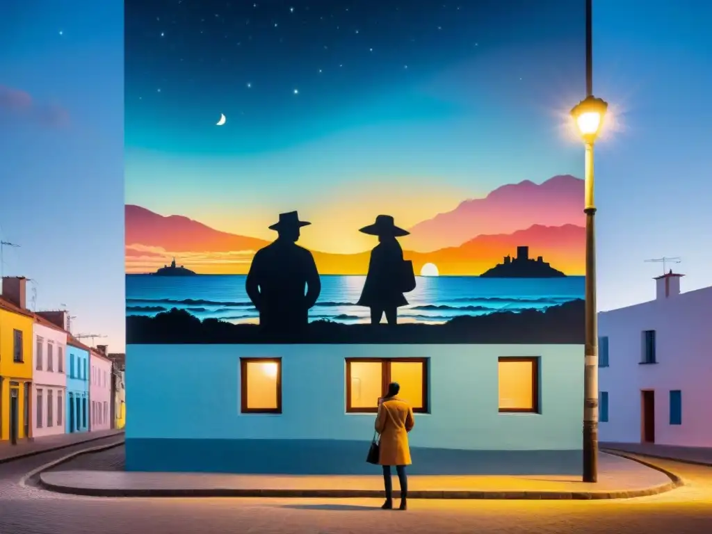 Un mural urbano vibrante iluminado por la noche en Uruguay, capturando la magia de los tours nocturnos murales iluminados Uruguay