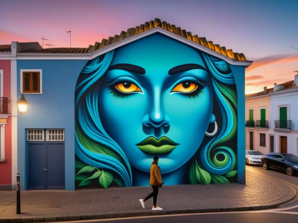 Un mural urbano en Uruguay cobra vida bajo la noche, fusionando arte y paisaje urbano