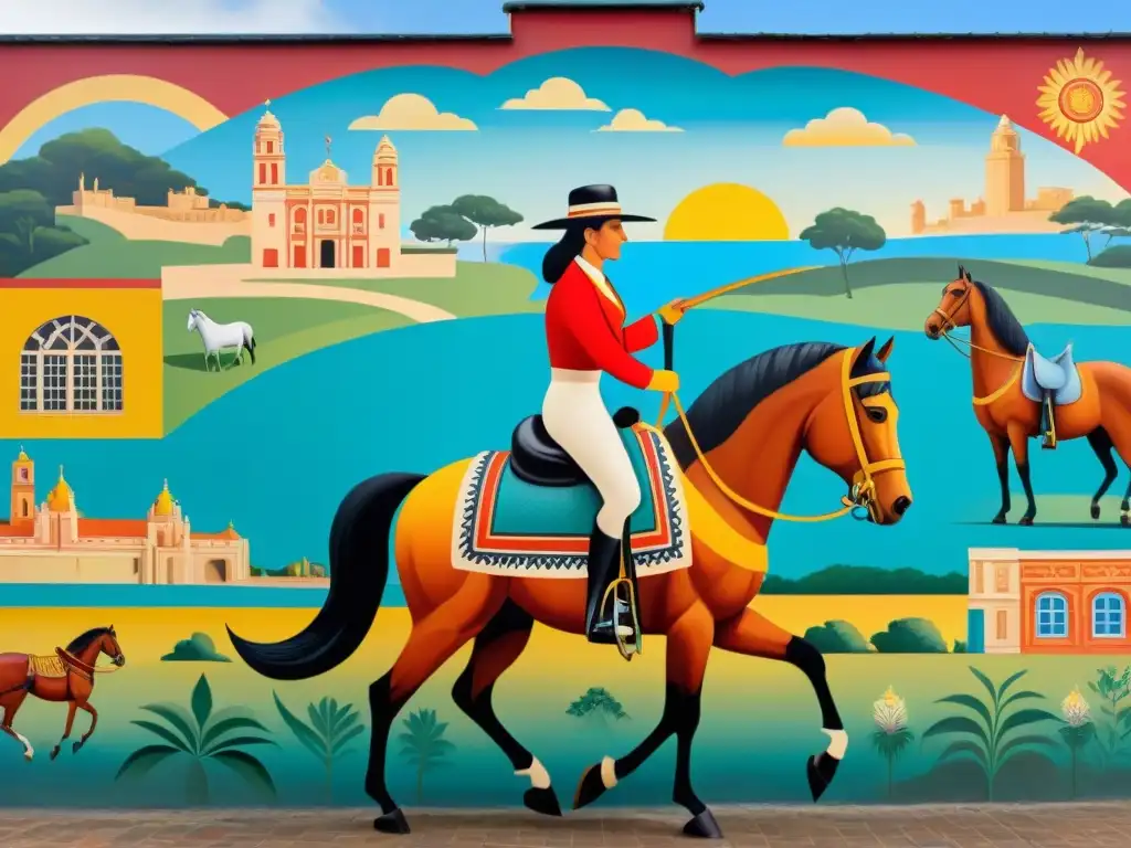 Un mural uruguayo vibrante que narra la historia del país con detalles y colores llamativos