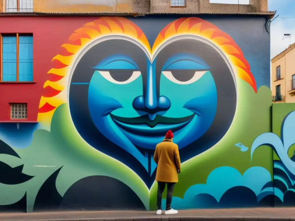 Un mural vibrante en Montevideo fusionando arte folclórico uruguayo con graffiti urbano