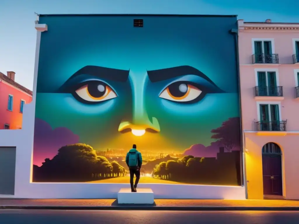 Un mural vibrante de arte urbano en Uruguay, iluminado por la noche