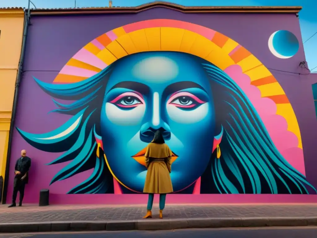 Un mural vibrante de arte urbano en Uruguay, iluminado por la noche