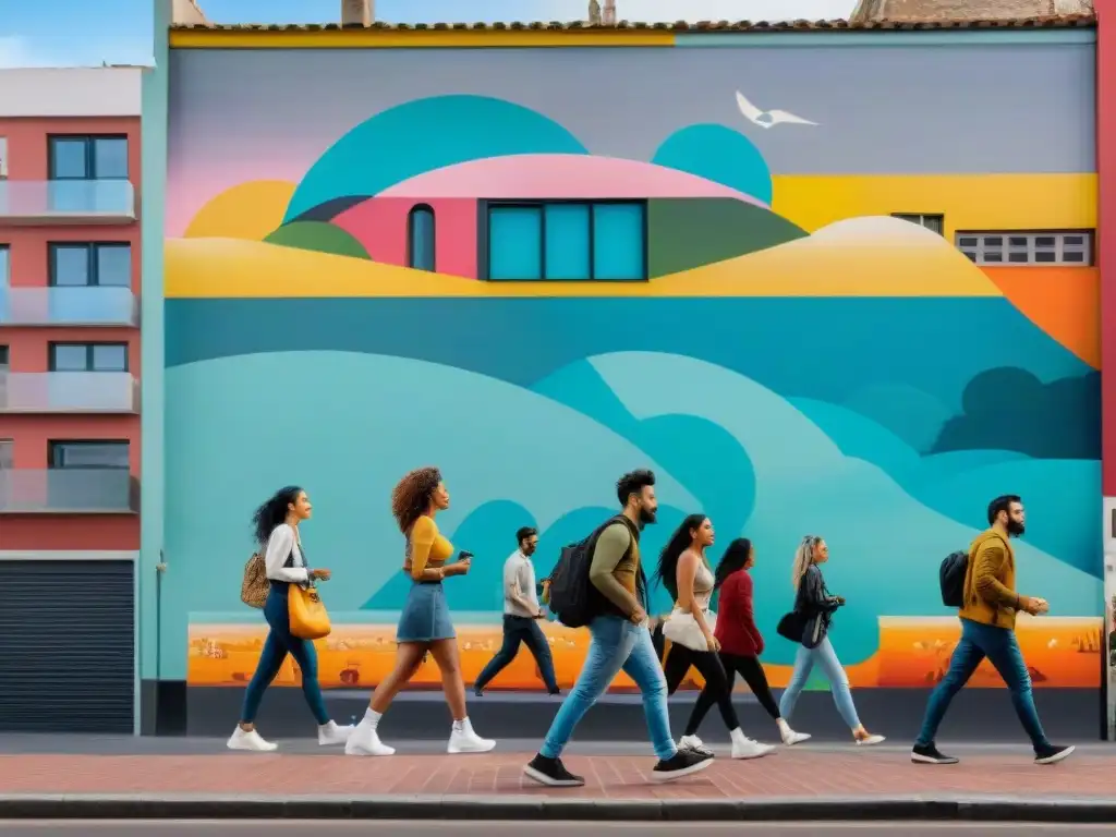 Un mural vibrante de artistas diversos creando arte urbano en Montevideo, Uruguay