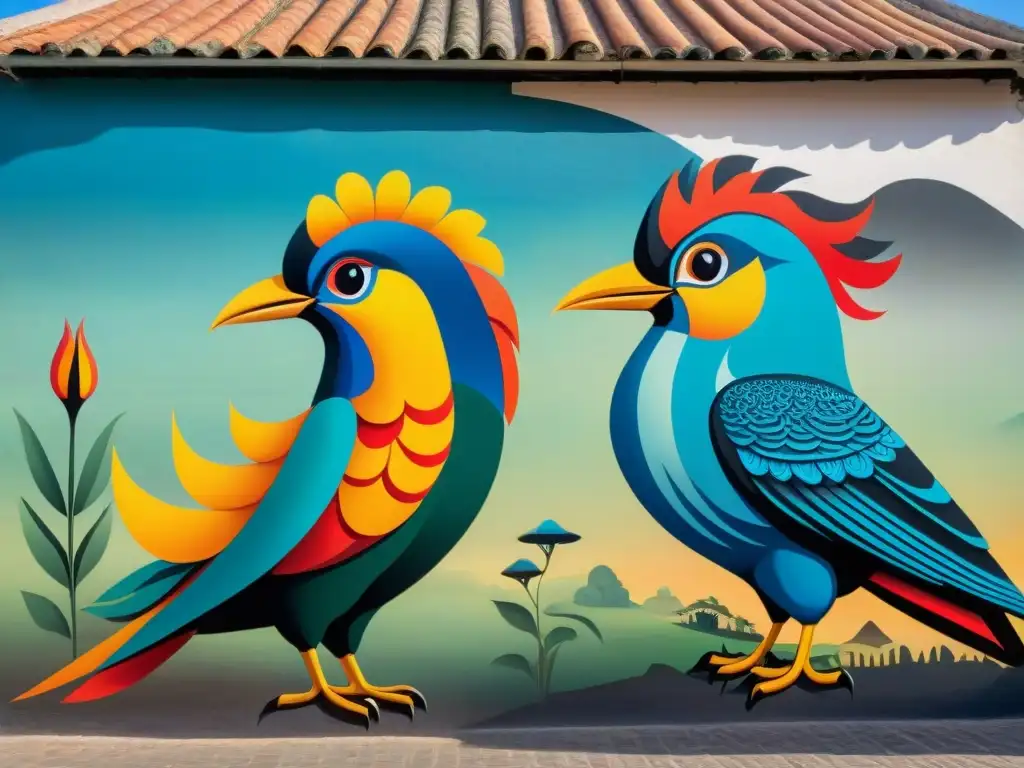 Un mural vibrante de aves míticas de la mitología uruguaya, con significado en cada detalle, en una pared rural en Uruguay