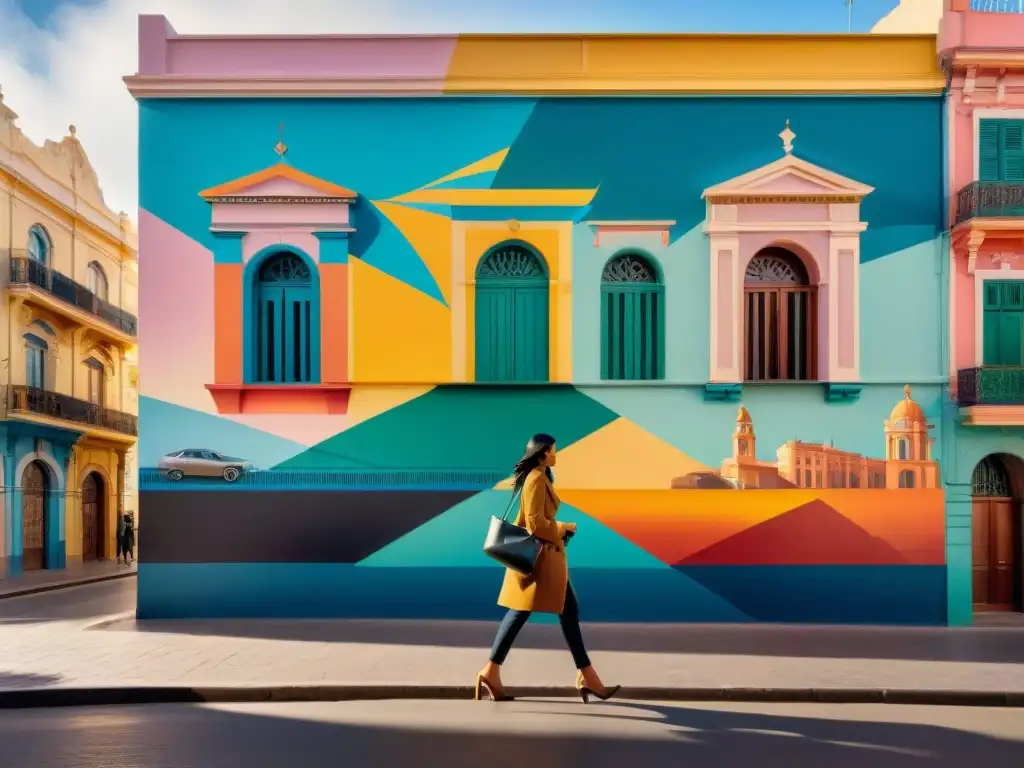 Un mural vibrante en las calles de Montevideo, con formas geométricas, retratos y arquitectura histórica