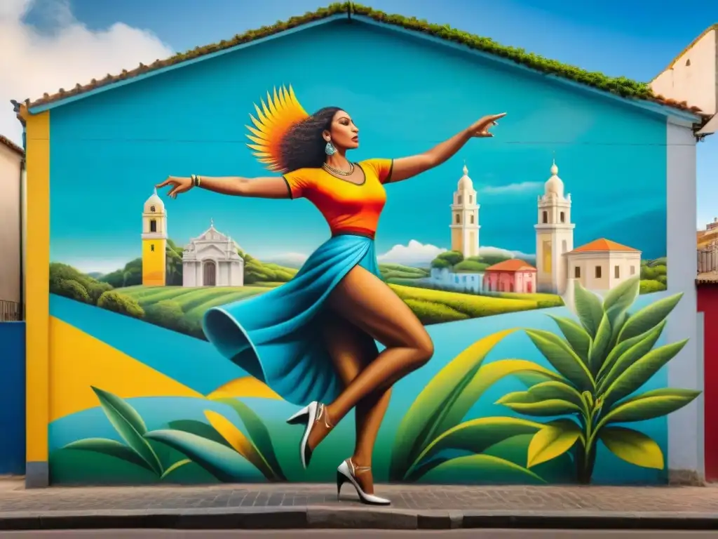 Un mural vibrante en Canelones, Uruguay, muestra danzas tradicionales en un escenario colorido de arte callejero