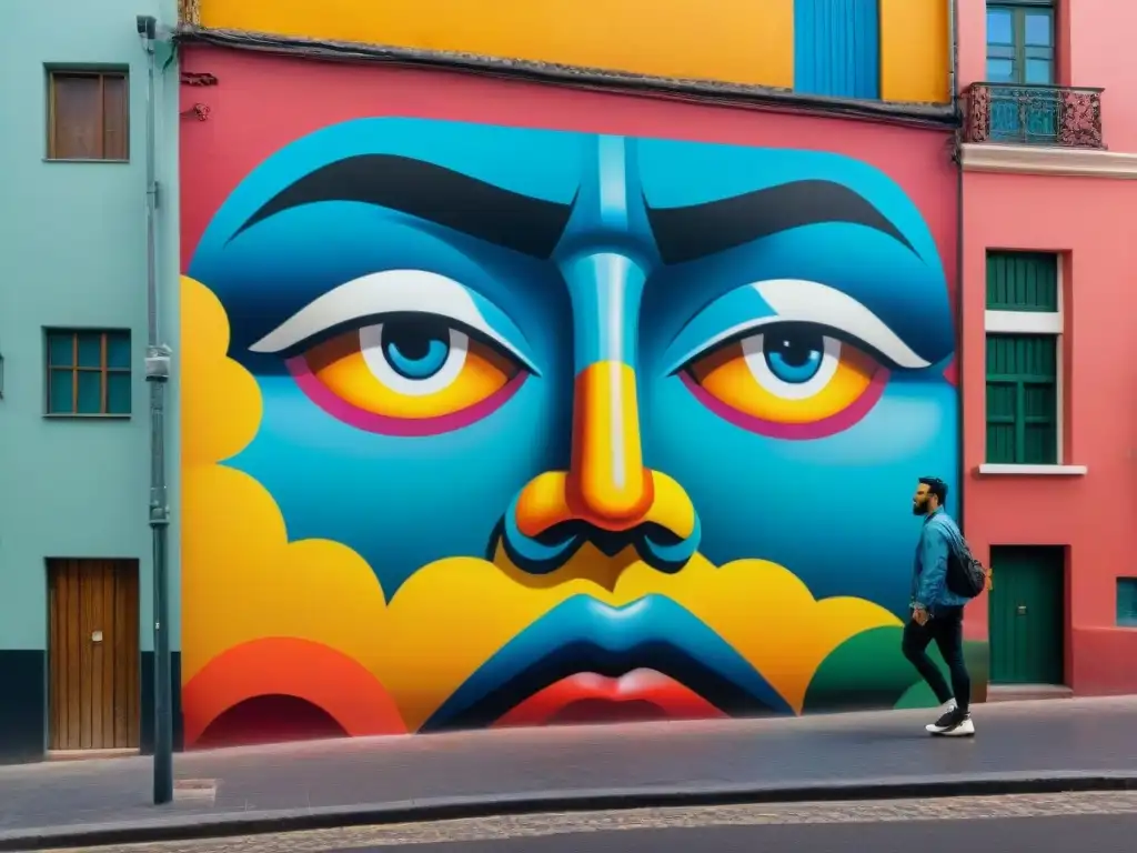 Un mural vibrante y detallado en un callejón de Montevideo, Uruguay, con símbolos culturales y figuras históricas