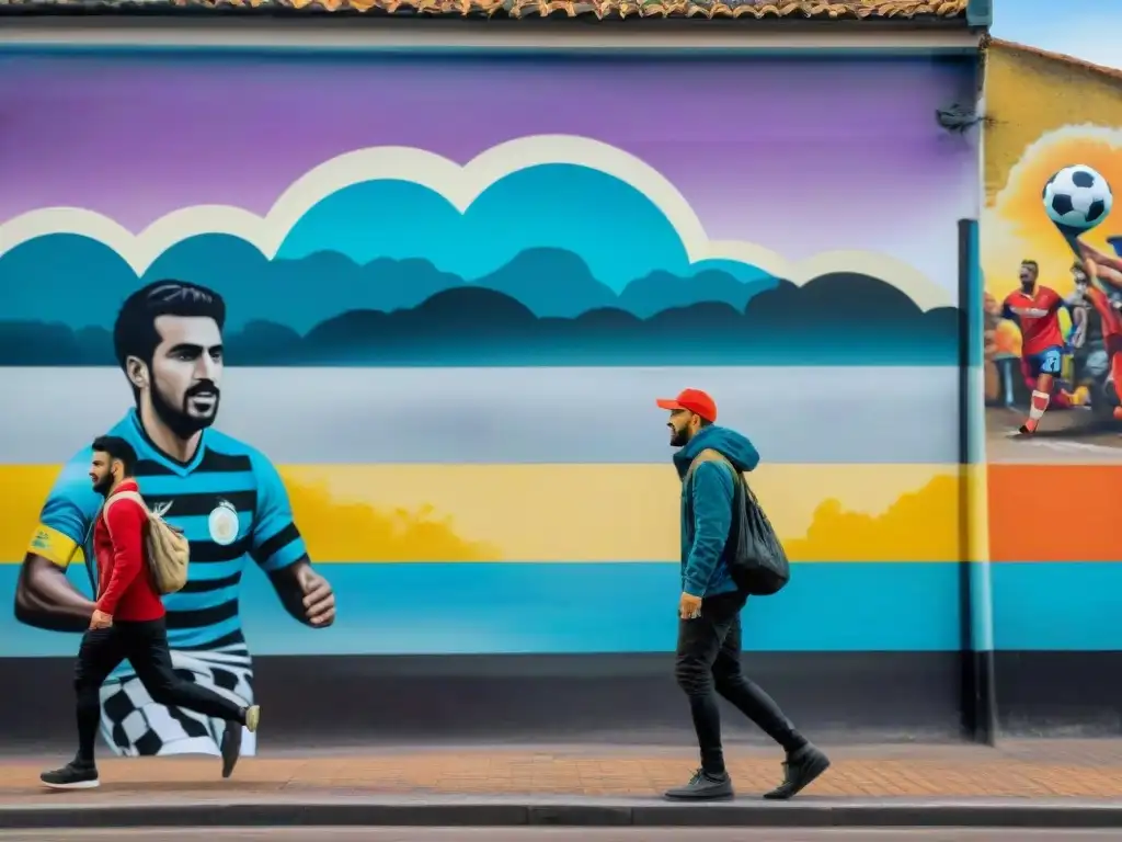 Un mural vibrante y detallado de un emocionante partido de fútbol en Uruguay