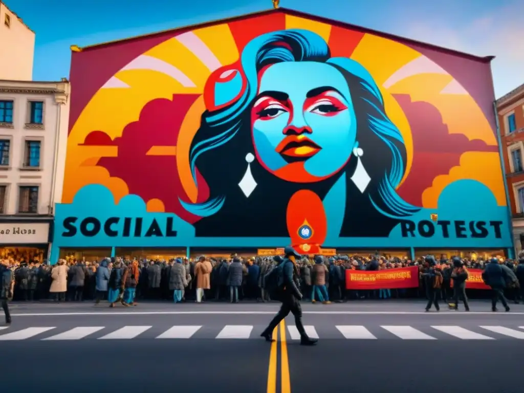 Mural vibrante de protesta social: activismo y unidad en arte callejero Un mural vibrante y detallado que refleja escenas de protesta social, con colores intensos y mensajes poderosos