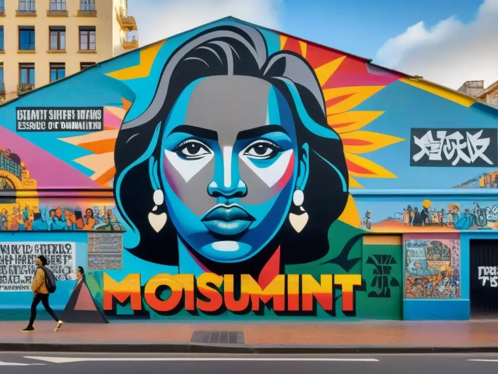 Mural de protesta y unidad en Montevideo: expresión y esperanza Un mural vibrante y detallado en una esquina bulliciosa de Montevideo, Uruguay, reflejando la unión en la protesta