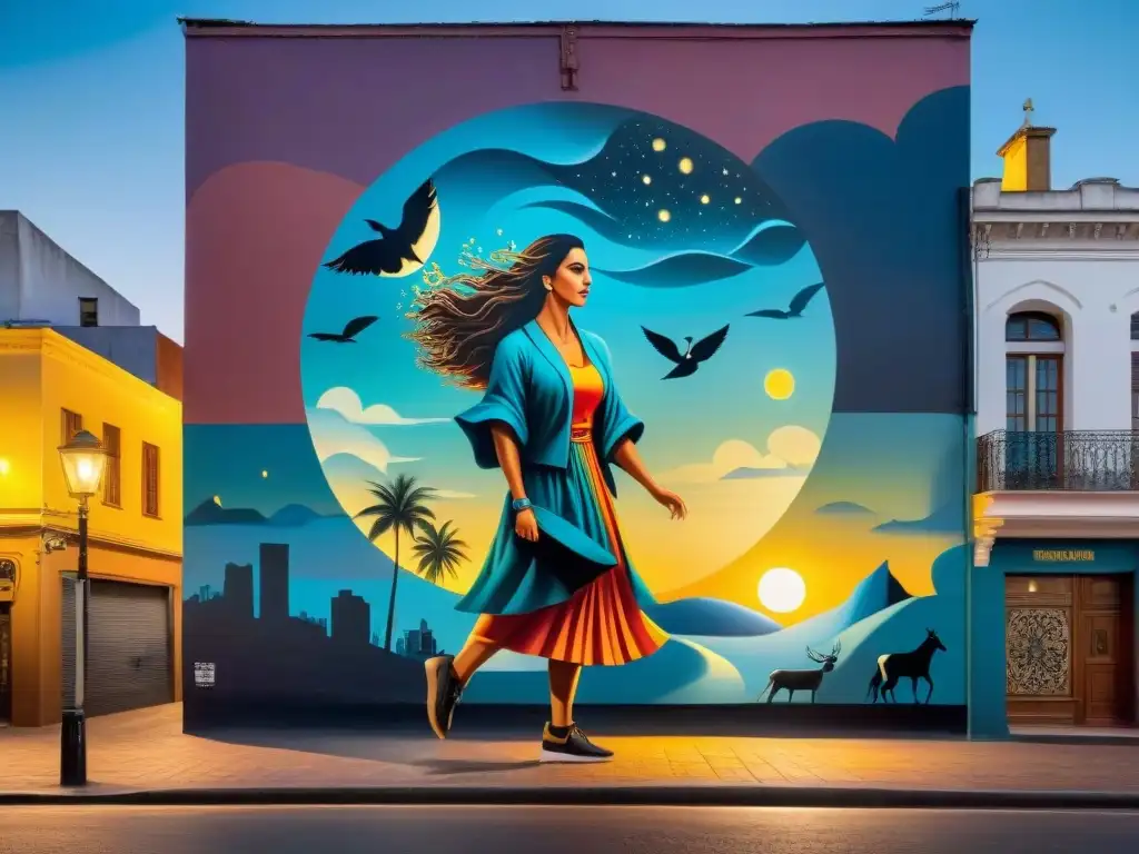 Un mural vibrante y detallado en Montevideo, Uruguay, fusionando folklore y arte urbano bajo la luz de la luna