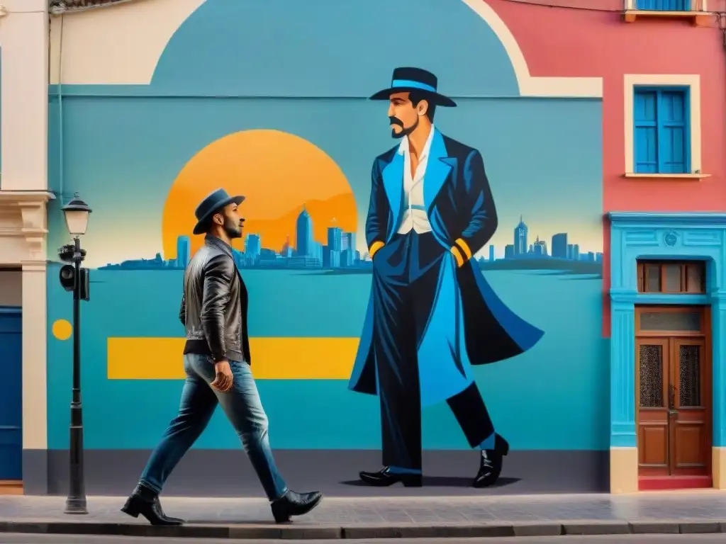 Un mural vibrante y detallado en Montevideo, fusionando historia uruguaya con tendencias artísticas modernas