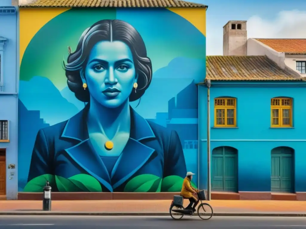 Un mural vibrante y detallado en Montevideo, Uruguay, lleno de historia y arte urbano en Uruguay, con colores impactantes