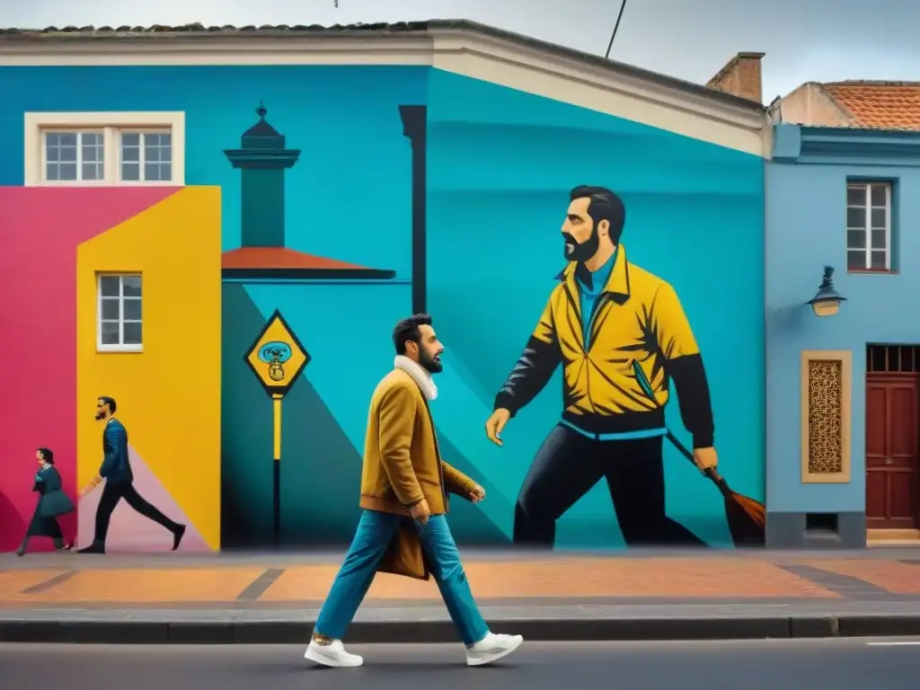 Un mural vibrante y detallado en Montevideo, Uruguay, que muestra la historia del grafiti en Uruguay con colores llamativos y escenas icónicas