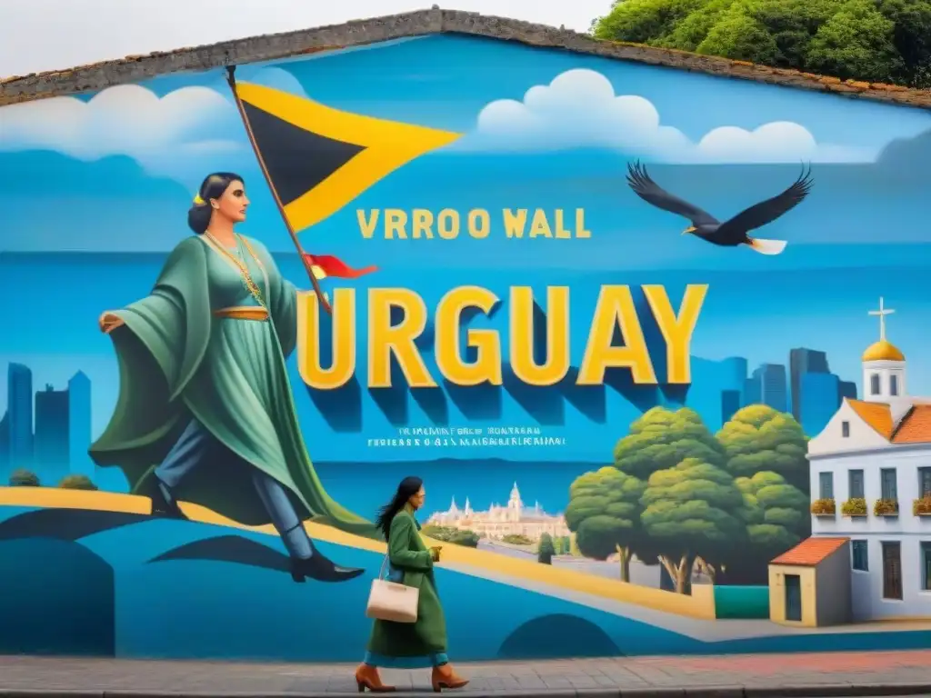 Un mural vibrante y detallado en una pared de la ciudad representa la rica historia de Uruguay, con ilustraciones coloridas de eventos históricos importantes, símbolos culturales y figuras significativas entrelazadas con elementos modernos que representan el presente, todo pintado de forma intrincada para transmitir una poderosa