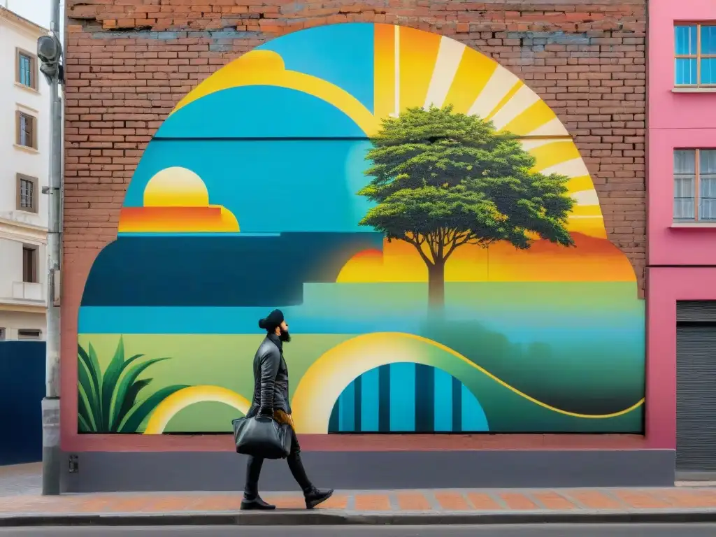 Un mural vibrante en Montevideo con detalles intrincados y colores vivos