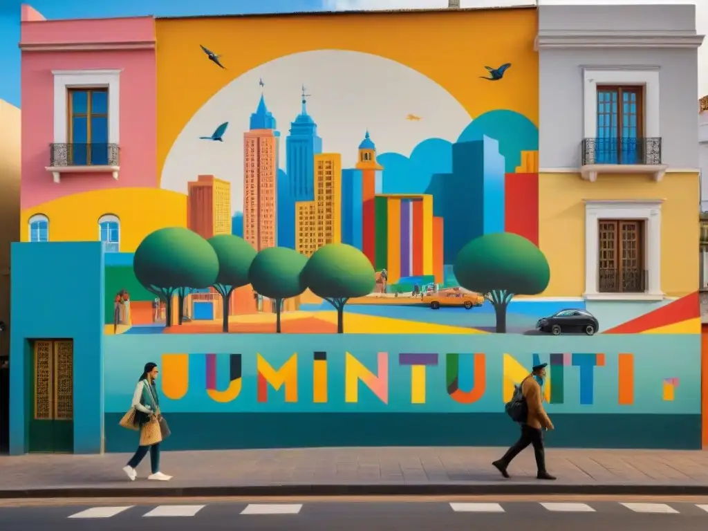 Un mural vibrante en Montevideo, Uruguay, muestra la unión y espíritu comunitario con detalles coloridos y dinámicos