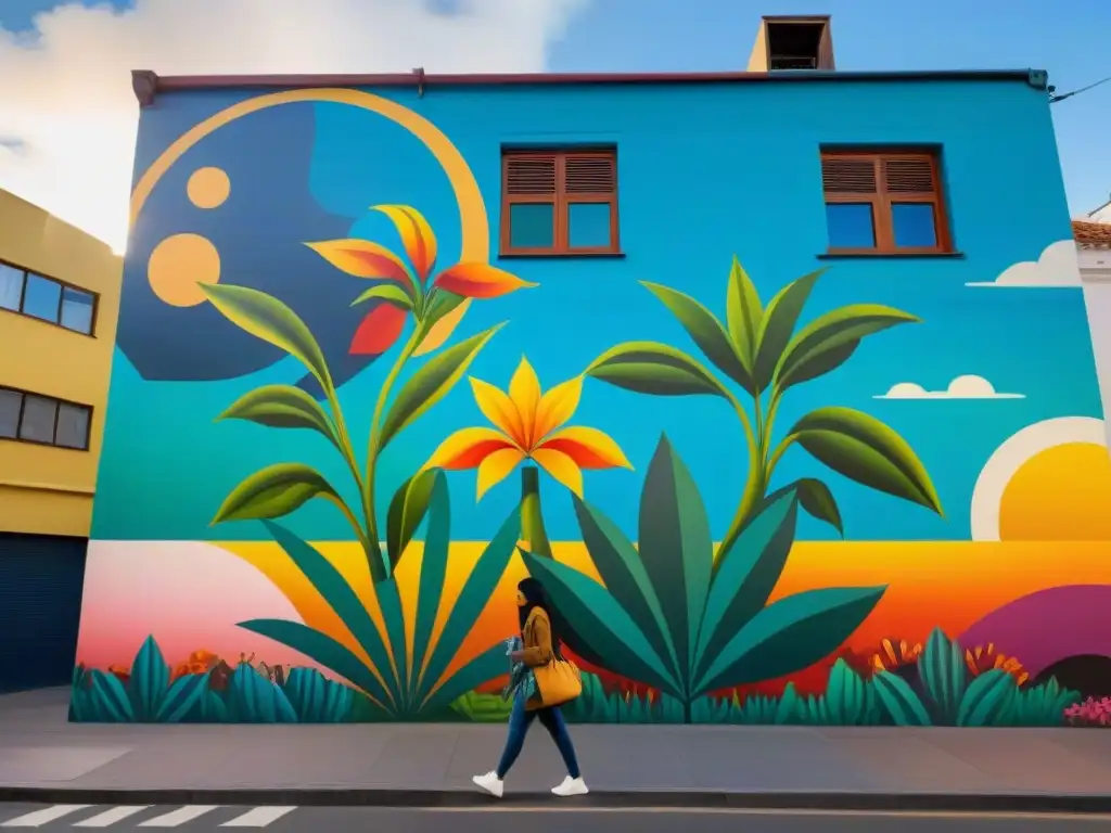 Un mural vibrante de flora y fauna uruguaya, con patrones geométricos inspirados en arte indígena, en una calle urbana de Maldonado