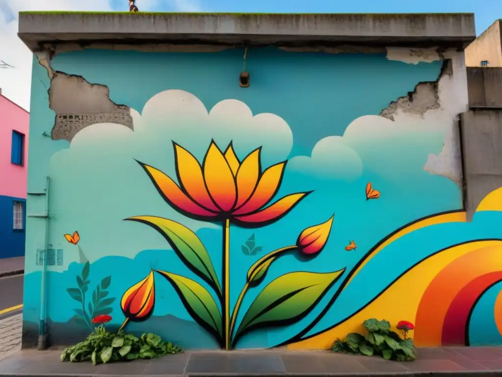 Un mural vibrante de flores coloridas y gigantes que brotan de grietas en una pared de concreto en Uruguay