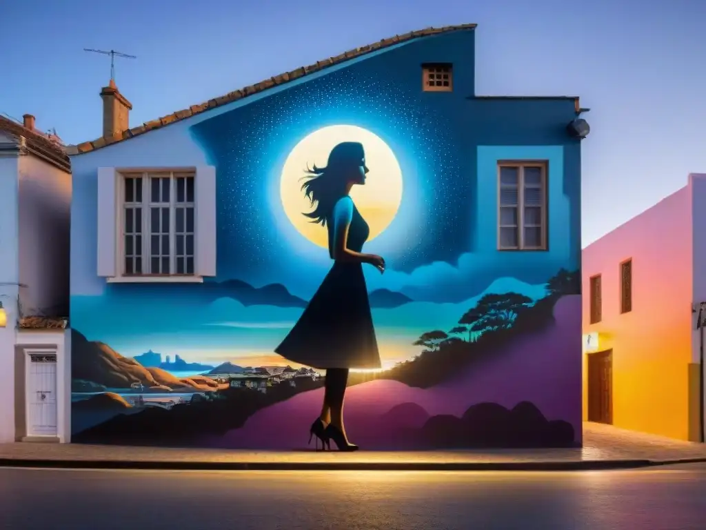 Un mural vibrante iluminado bajo el cielo estrellado de Uruguay, mostrando detalles de arte callejero que retratan la cultura e historia locales