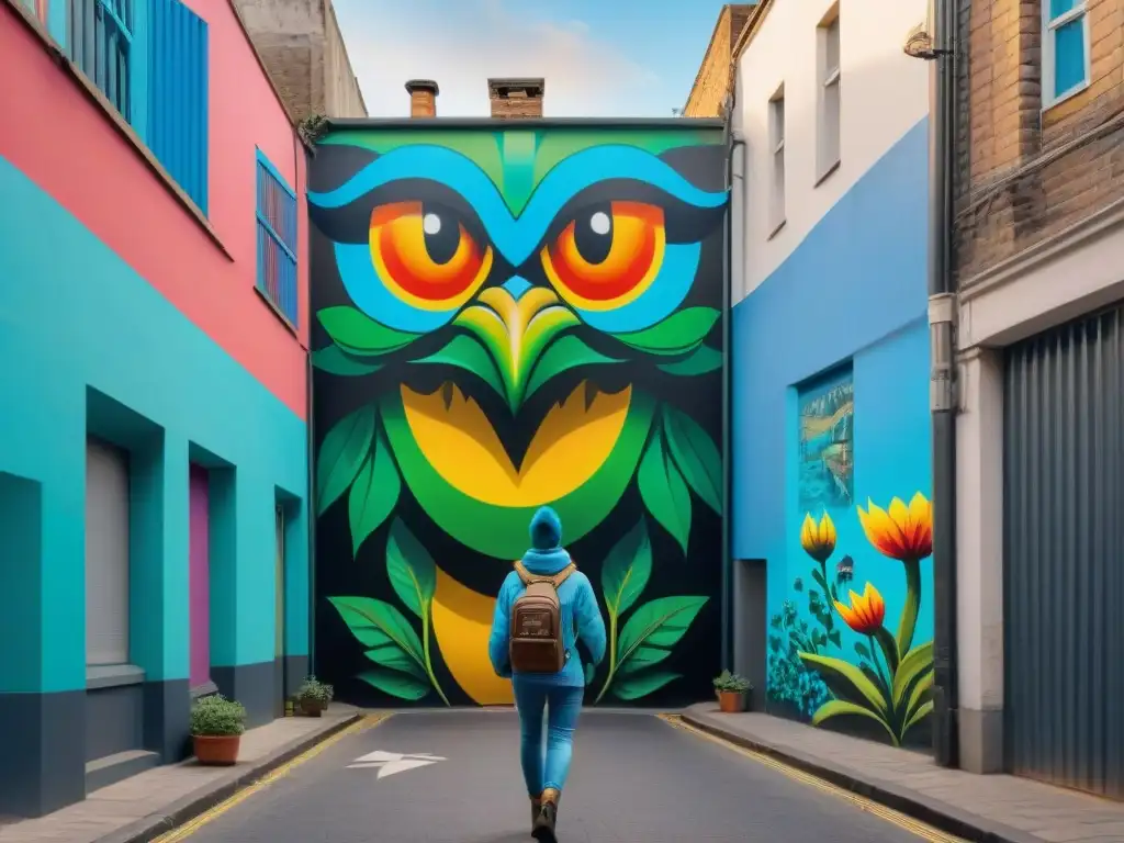 Un mural vibrante y místico en un callejón de Montevideo, lleno de criaturas míticas y elementos urbanos