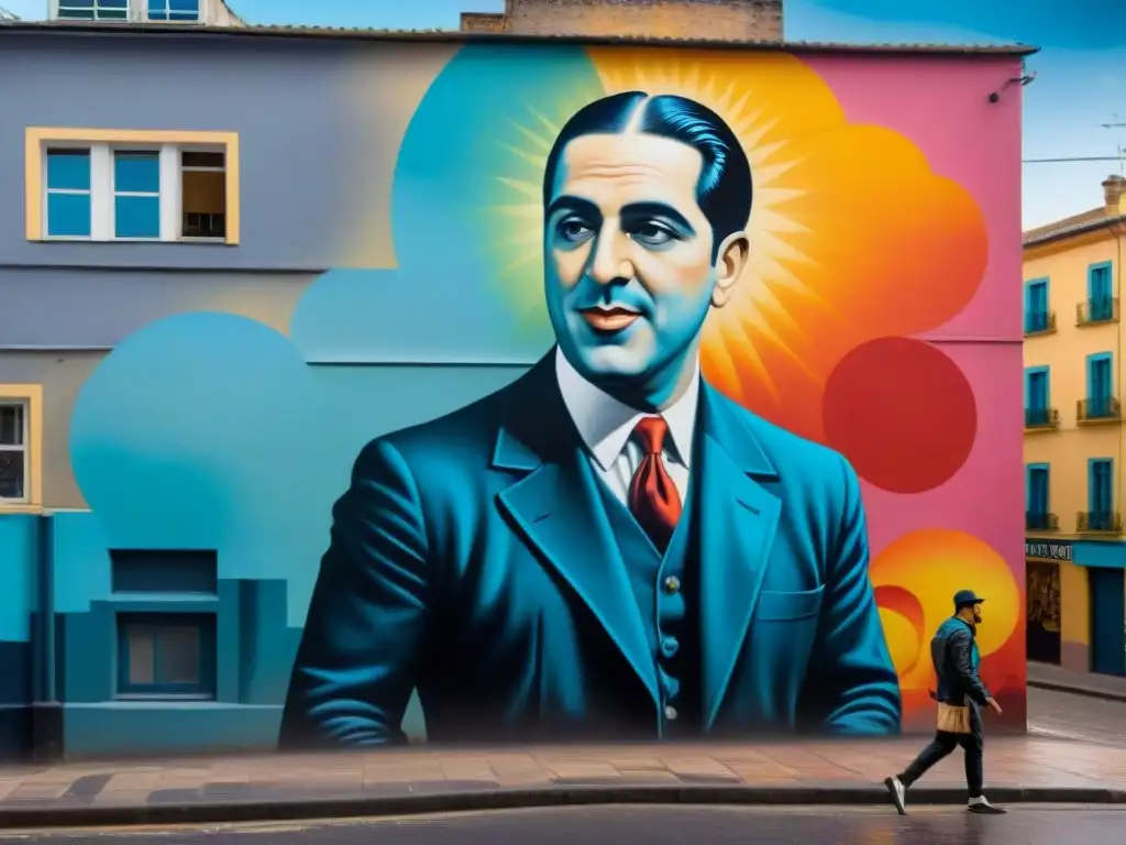 Un mural vibrante de personajes icónicos uruguayos como Carlos Gardel y Diego Forlán, en una obra maestra de arte callejero