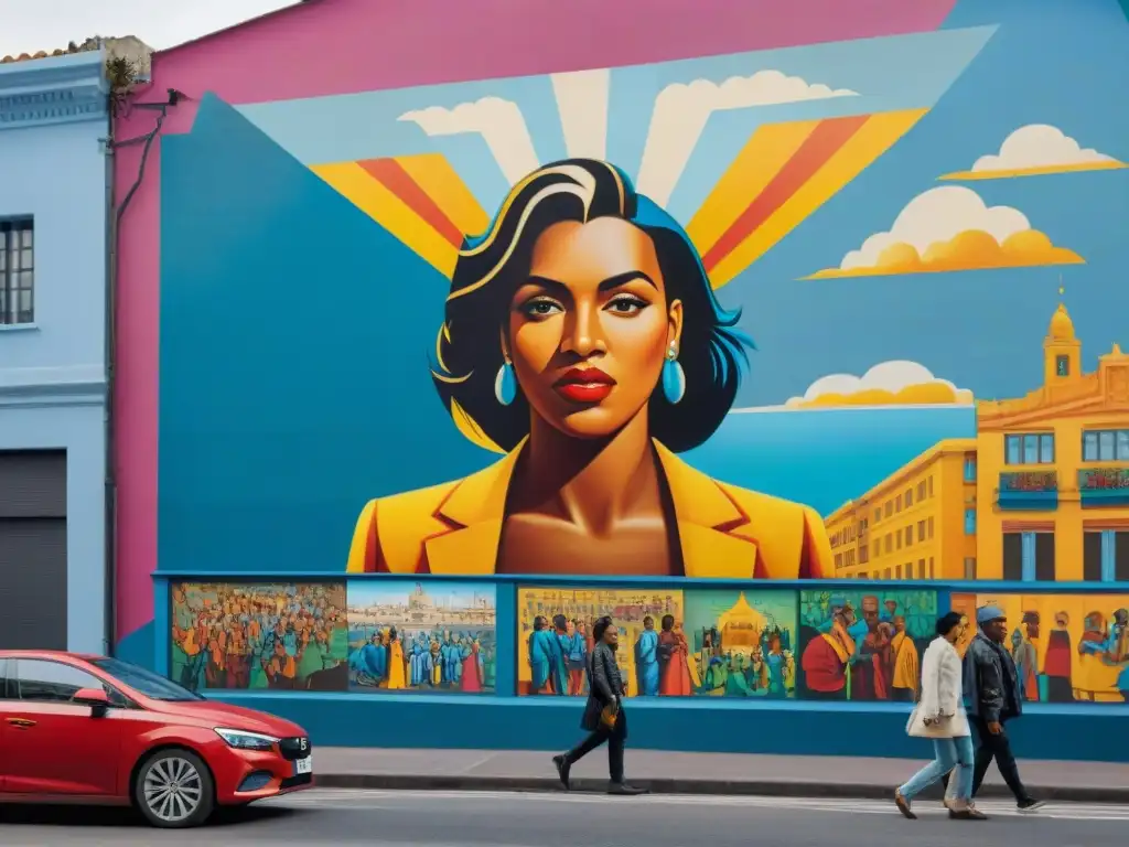 Un mural vibrante en Montevideo con personas diversas unidas en armonía, reflejando la riqueza cultural de Uruguay