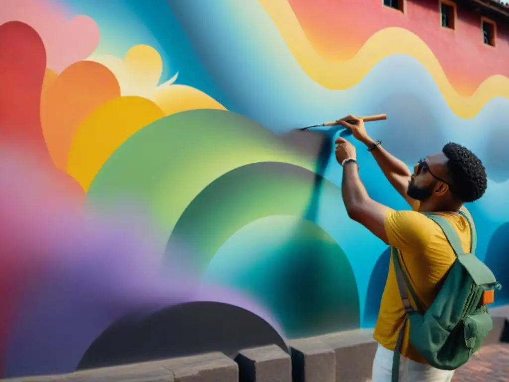 Un mural vibrante pintado por Felipe Seade en una plaza urbana