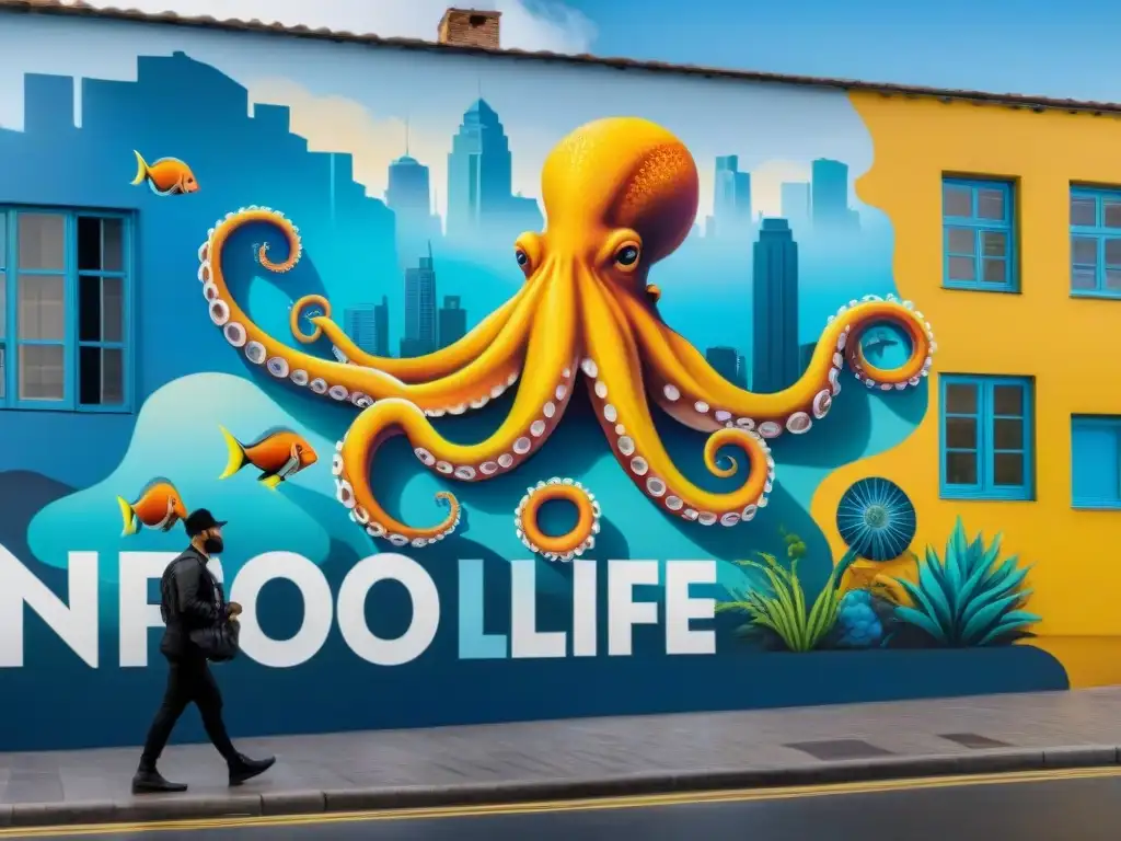 Un mural vibrante en Punta del Este con un pulpo gigante entretejiéndose con la vida marina, en detalle meticuloso y colores vivos