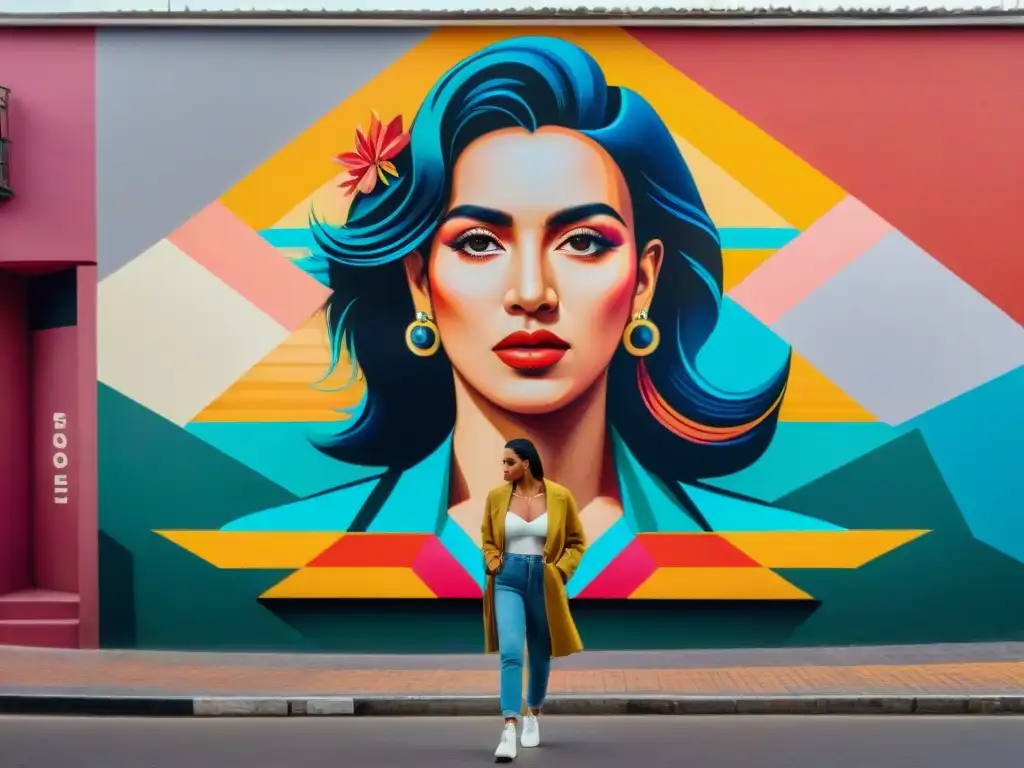 Mural vibrante en Montevideo con retrato detallado de artista rodeada de formas geométricas y símbolos coloridos, expresando empoderamiento