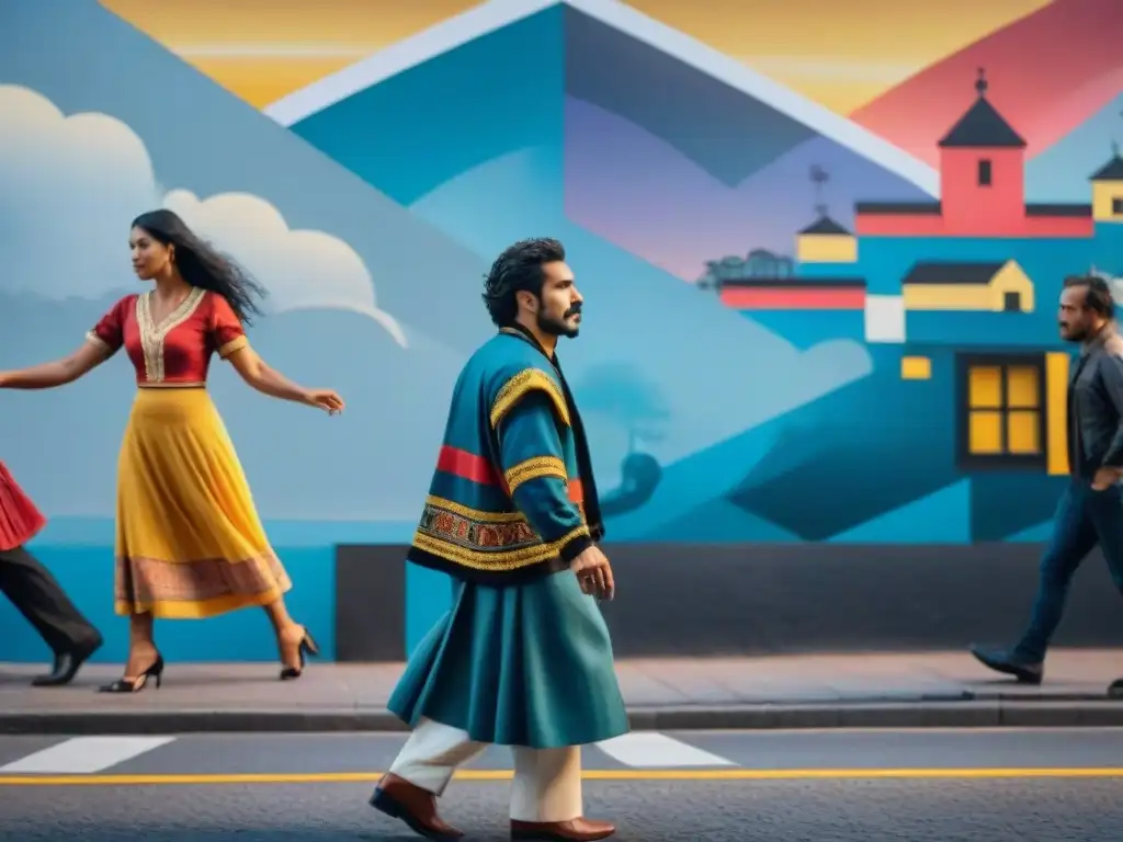 Un mural vibrante que representa la rica herencia cultural de Uruguay con danzas tradicionales, leyendas y colores