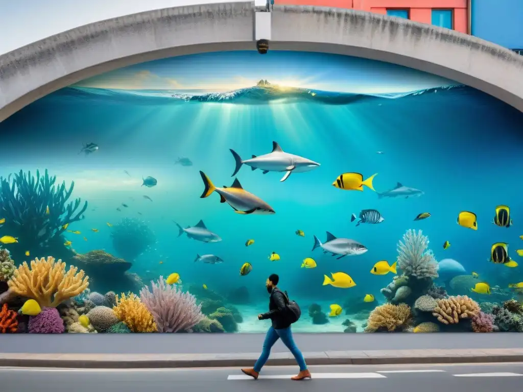 Un mural en Uruguay muestra la vida marina en aguas limpias y contaminadas, transmitiendo conciencia sobre el cambio climático