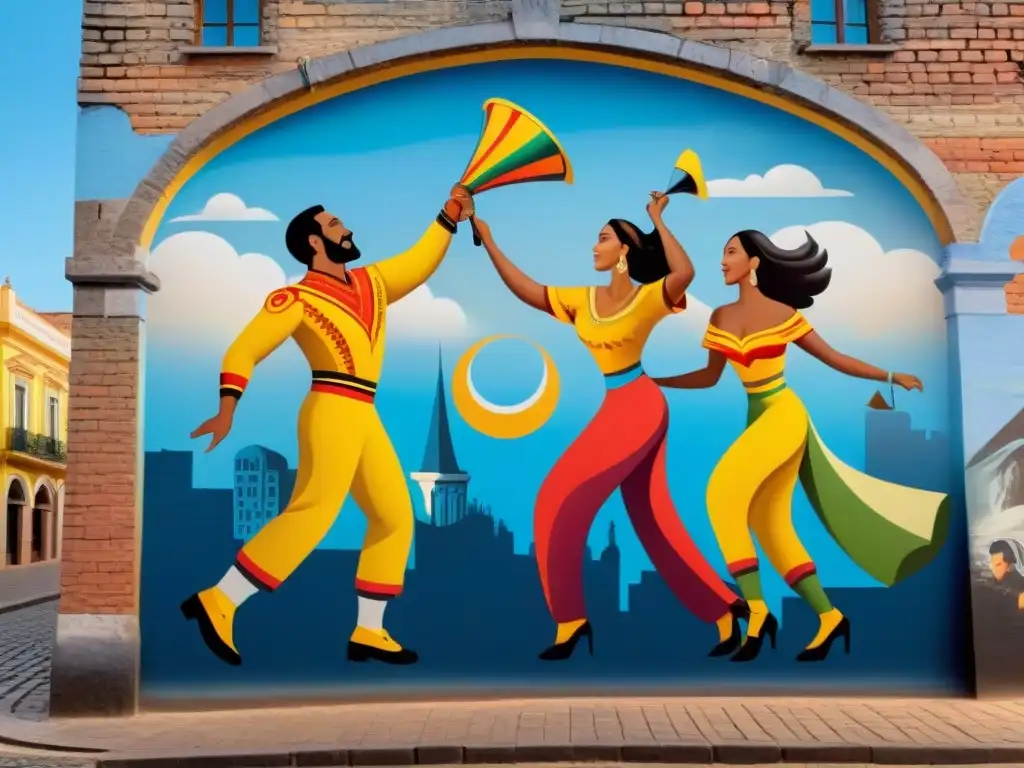 Murales preservan historia tradiciones uruguayas: Colorido mural de candombe en Montevideo, con Palacio Salvo de fondo