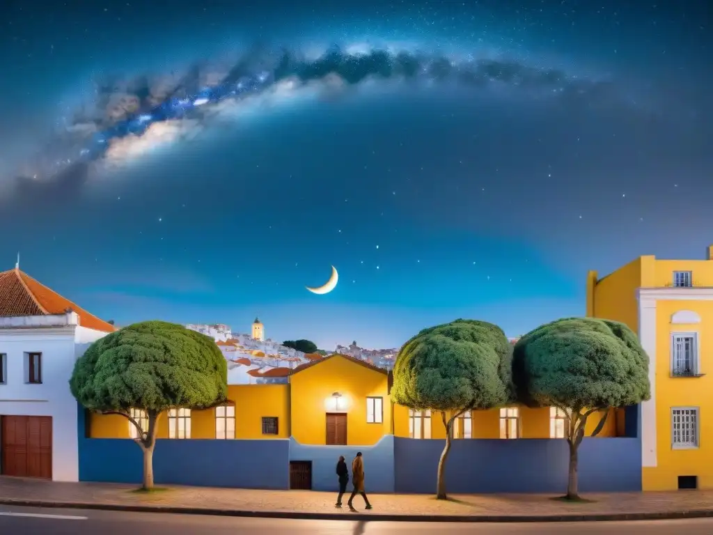 Murales nocturnos iluminados en Uruguay: escena estrellada en la ciudad con la luna creciente y edificios siluetados