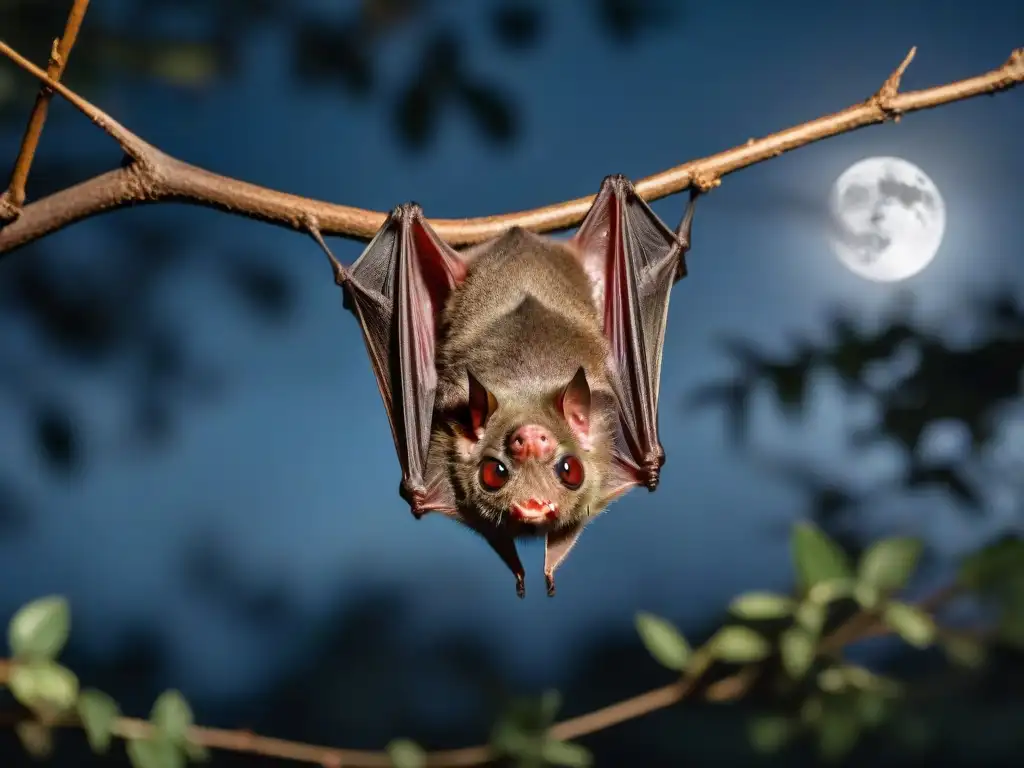 Un murciélago vampiro en Uruguay cuelga boca abajo en un bosque misterioso, mostrando sus alas detalladas y sus afilados colmillos