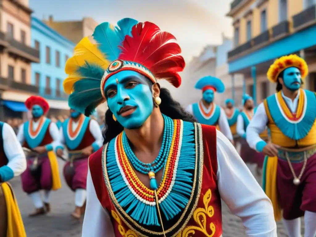 Murga uruguaya en plaza urbana, expresiones intensas y movimientos dinámicos durante el carnaval en Montevideo