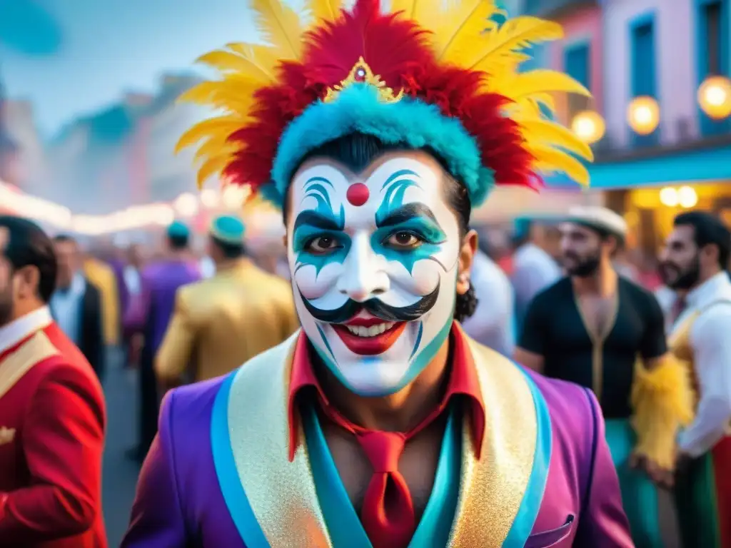 Murgueros con trajes y maquillaje colorido en el Carnaval de Uruguay