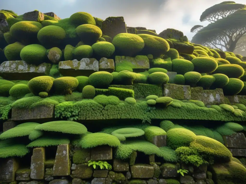 Un muro de piedra cubierto de musgo verde vibrante en las ruinas de una tapera en Uruguay, con grabados históricos y culturales detallados